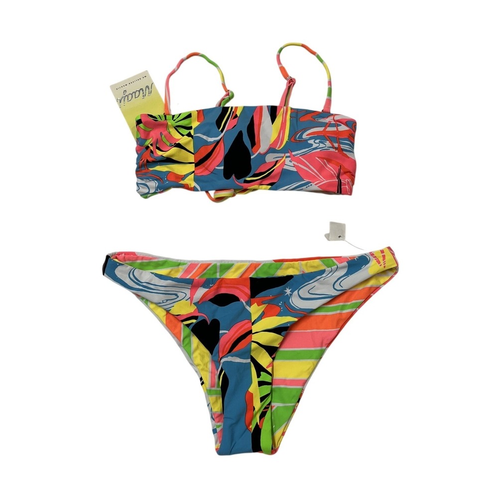 Maaji Bikini Swimsuit Colorful Tropical Floral Reversible Neon Stripe M Beach